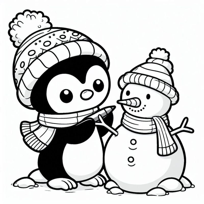 Desenho de pinguim e boneco de neve em uma cena de amizade para colorir