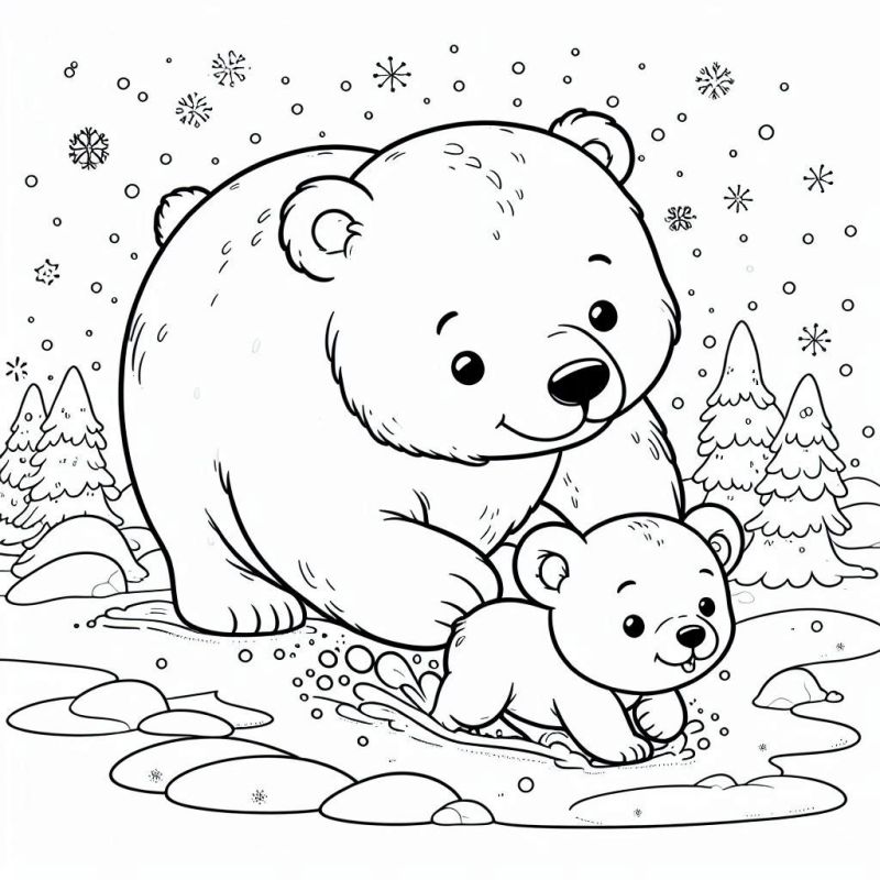 Desenho detalhado de dois ursos polares para colorir, com um filhote brincando na neve e um urso adulto ao fundo.