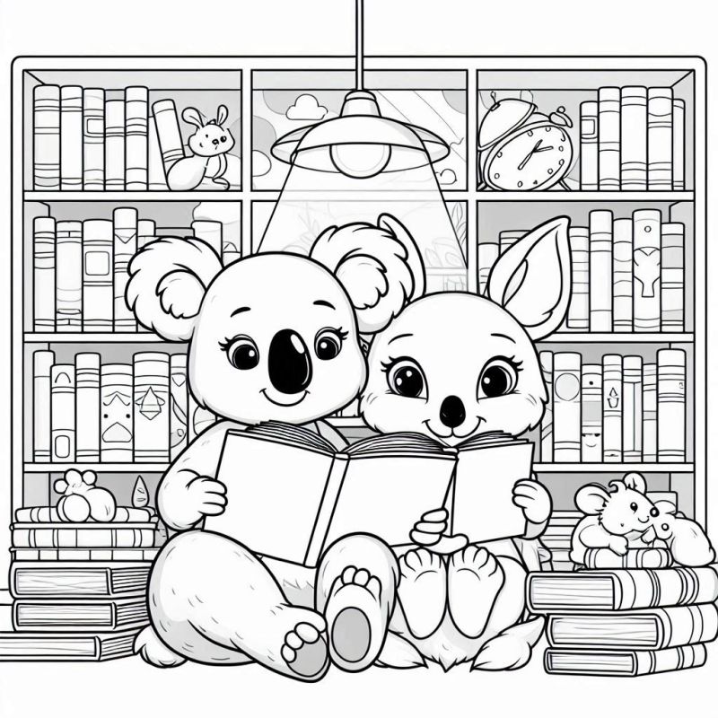 Coala e canguru lendo juntos na biblioteca