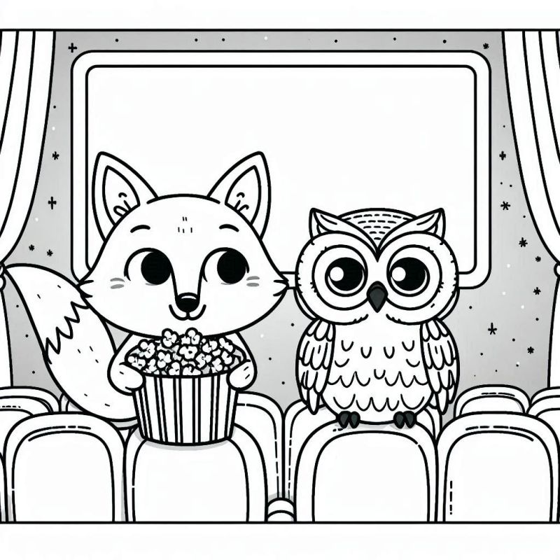 Desenho de Raposa e Coruja no Cinema para Colorir