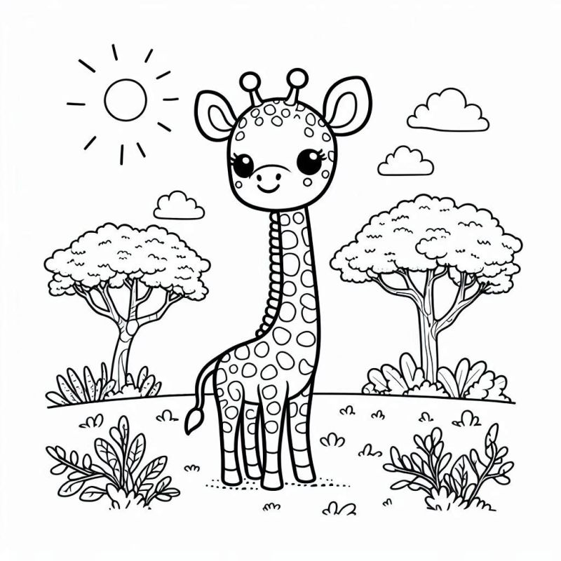 Desenho de Girafa Detalhada no Deserto para Colorir