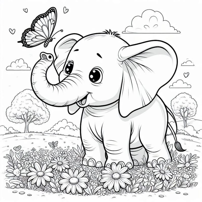 Desenho de Elefante Bebê na Natureza para Colorir