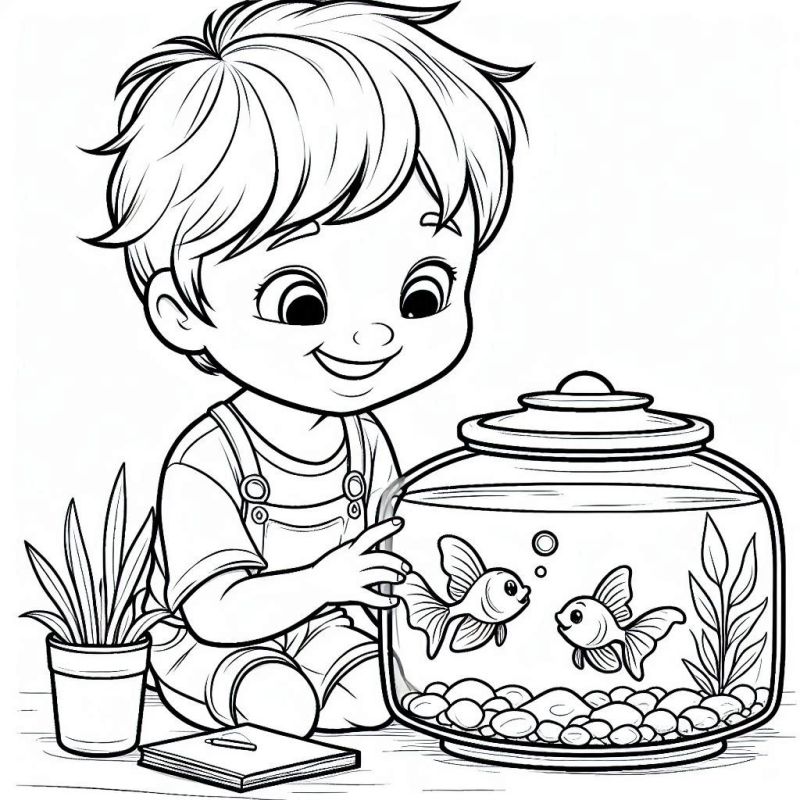 Desenho de Criança Feliz Observando Aquário com Peixes para Colorir