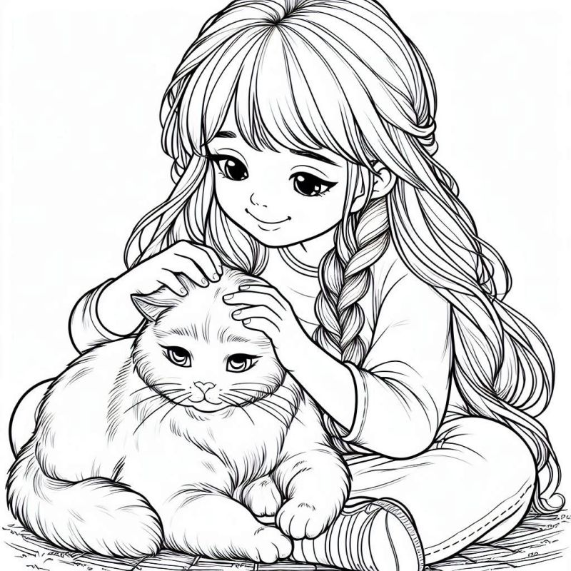 Desenho de Menina com Gato para Colorir