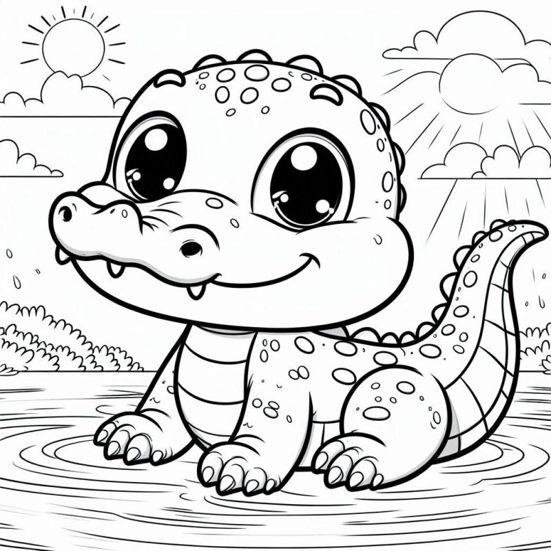 Desenho de crocodilo bebê fofo com olhos grandes e sorriso amigável, ideal para colorir.