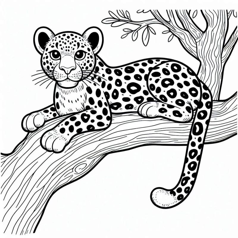 Desenho de Leopardo Juvenil Relaxado no Galho