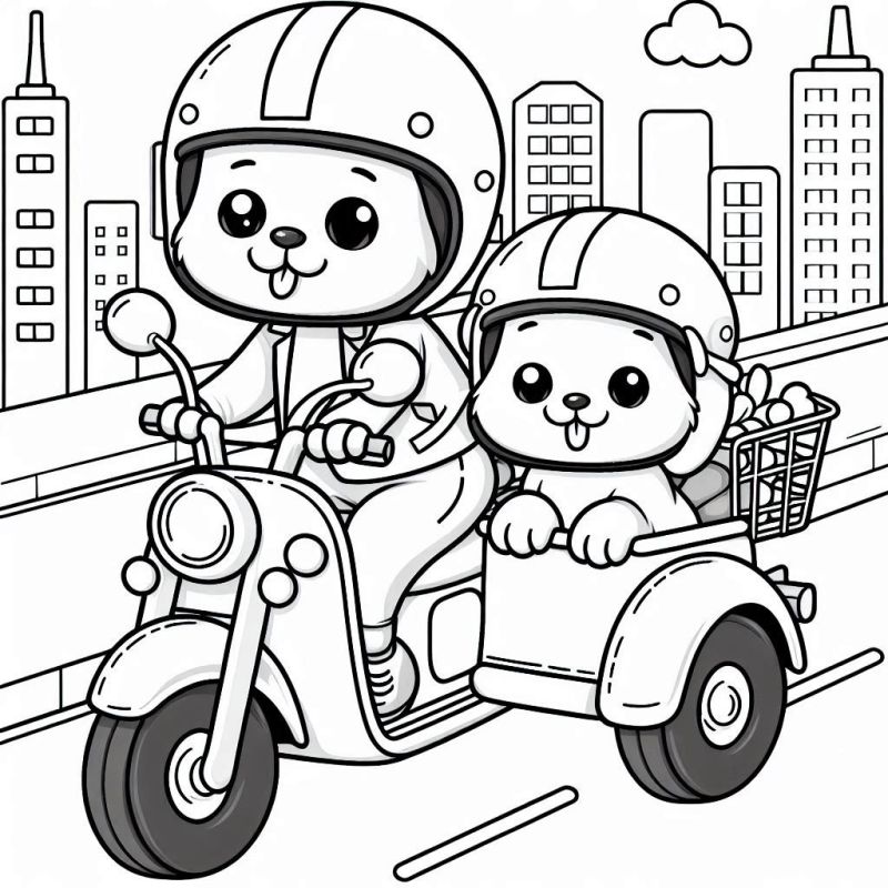 Desenho de dois cachorros felizes andando de moto em estrada urbana para colorir