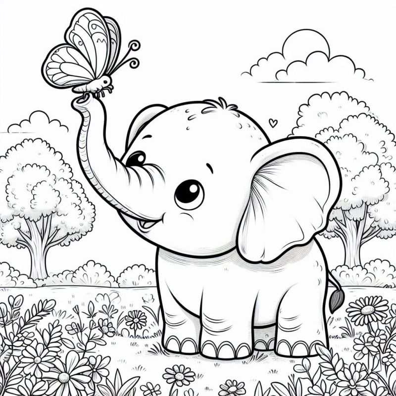 Desenho de Elefante Filhote no Bosque com Borboleta para Colorir