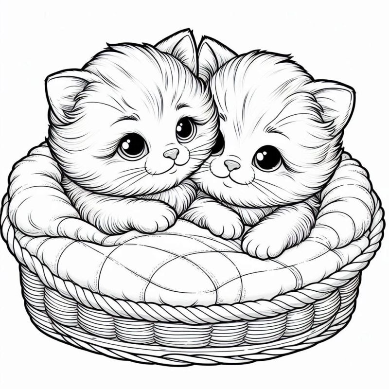 Desenho de dois gatinhos jovens aninhados em uma cesta para colorir