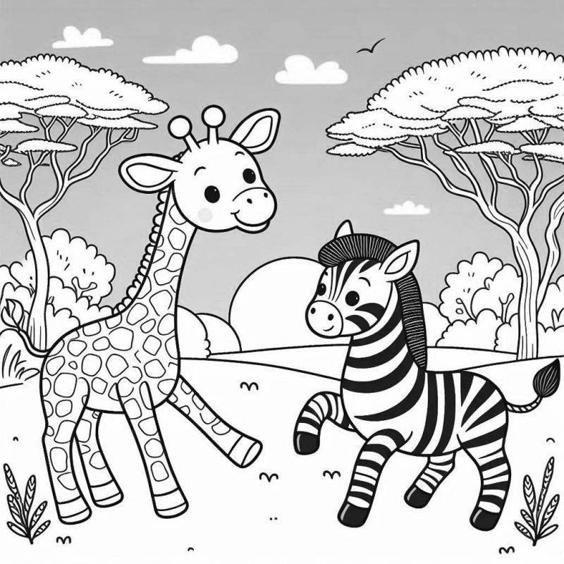 Cena Alegre de Girafa e Zebra na Savana para Colorir