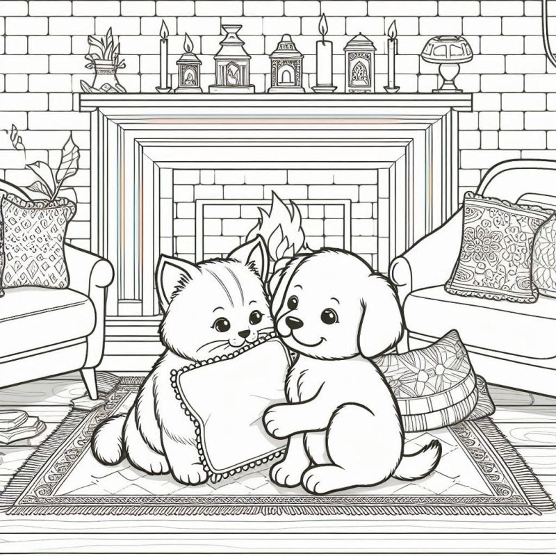 Gatinho e Cachorrinho na Sala de Estar para Colorir