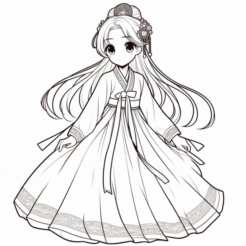 Garota Anime em Hanbok: Um Desenho para Colorir