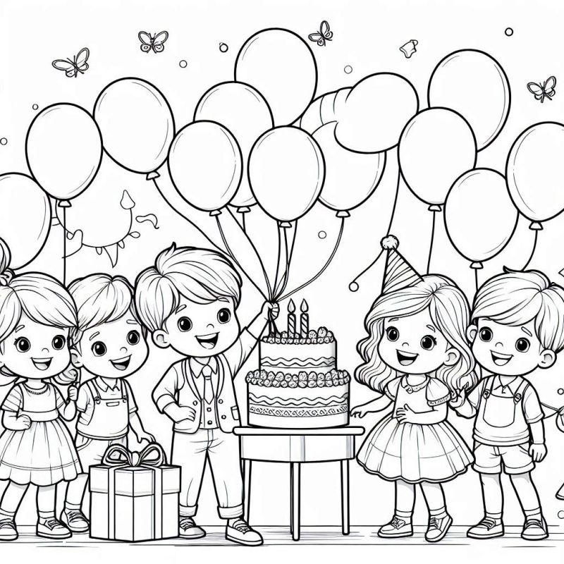 Desenho de festa de aniversário com crianças felizes ao redor de um bolo para colorir