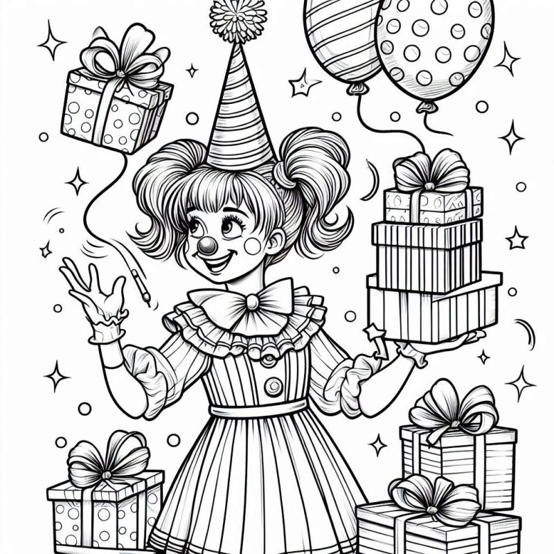 Desenho para colorir de festa de aniversário com palhaça e presentes