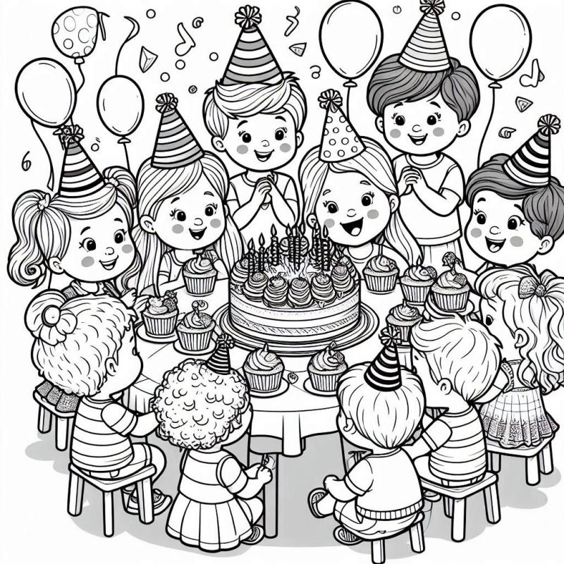 Desenho de festa de aniversário com crianças, bolo e balões para colorir