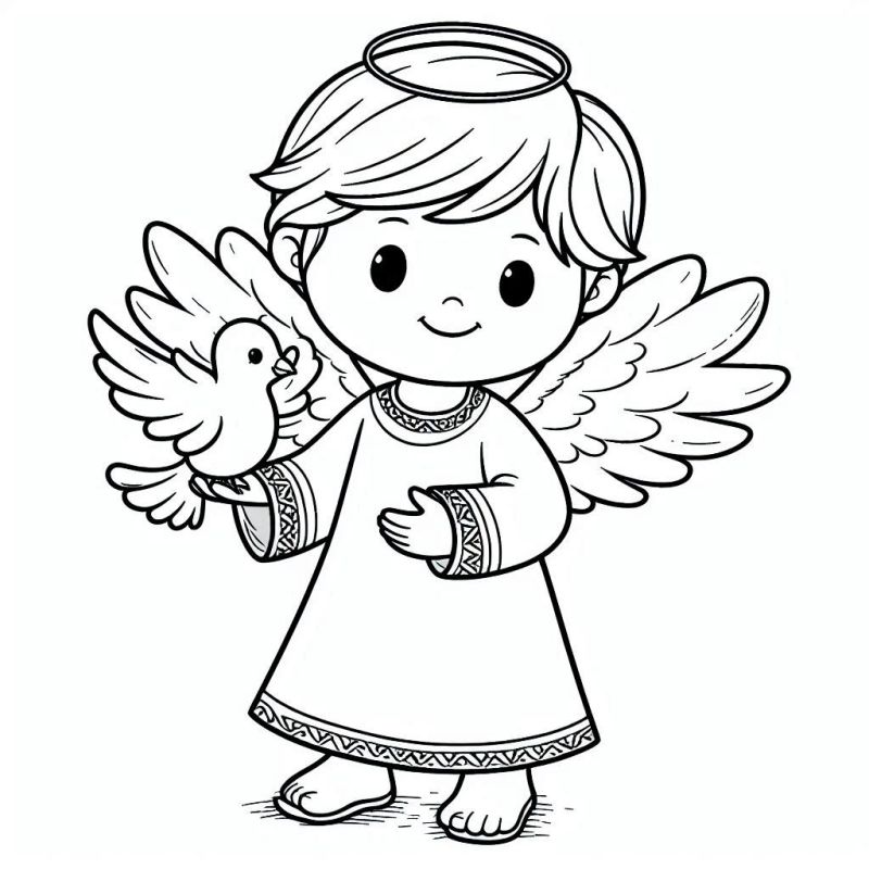 Desenho de anjo infantil com pomba para colorir