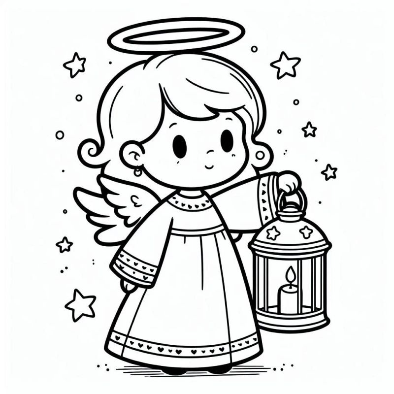 Desenho de anjo infantil detalhado para colorir com tunica, aureola, asas e lanterna