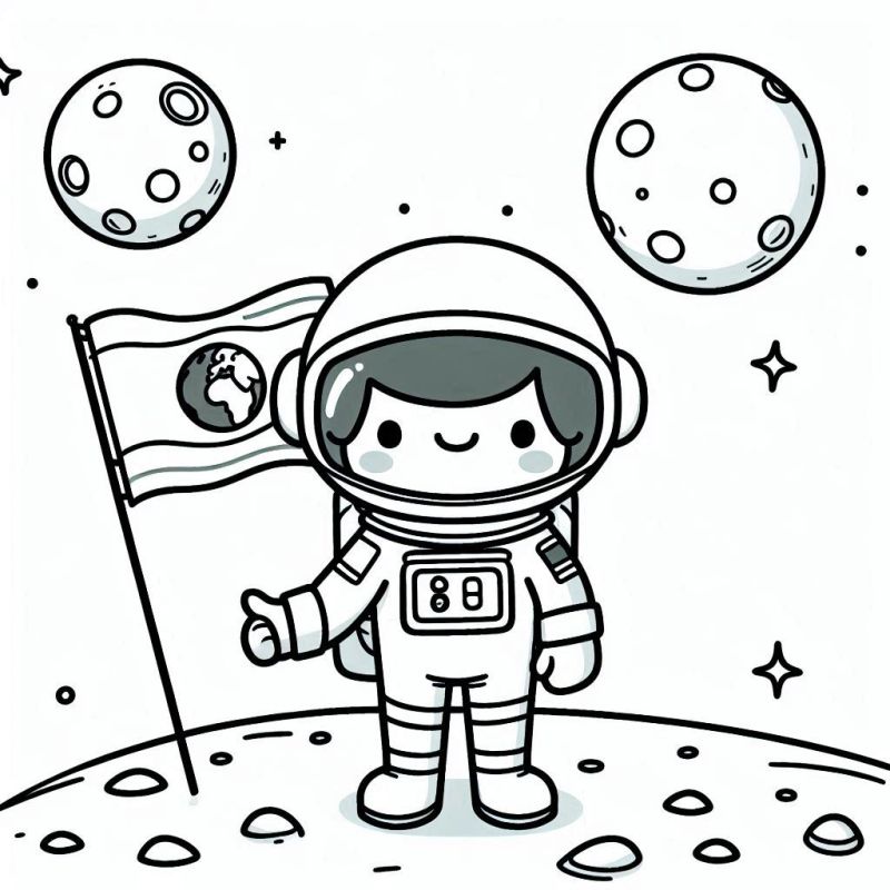 Desenho de um astronauta fofo na superfície lunar, para colorir - parte da categoria Desenhos de Profissões para Colorir.