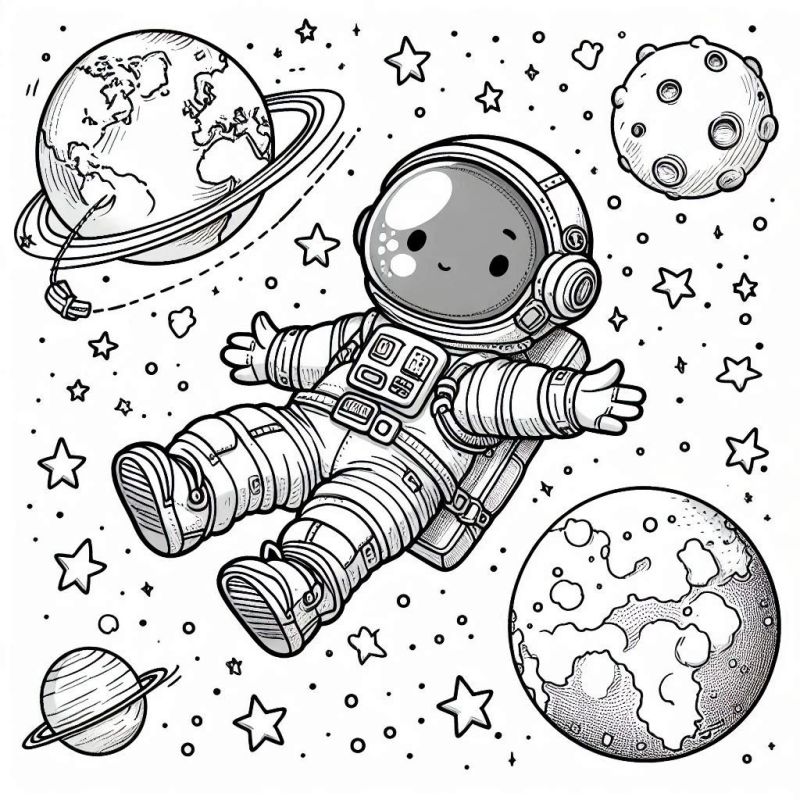 Desenho de um astronauta flutuando no espaço com planetas, luas e estrelas ao redor para colorir