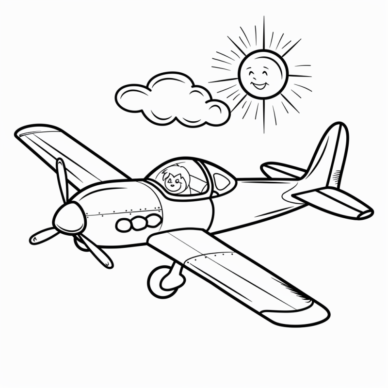 Desenho simplificado de um avião equipado com asas grandes e uma hélice, com um piloto sorridente e um sol amistoso ao fundo.