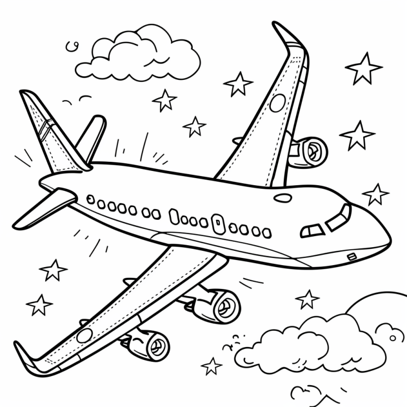 Desenho de Avião para Colorir com Nuvens e Estrelas