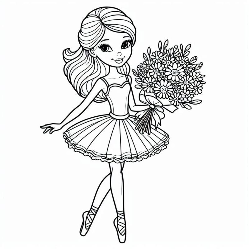 Desenho de uma jovem bailarina em pose graciosa com um buquê de flores, ideal para colorir