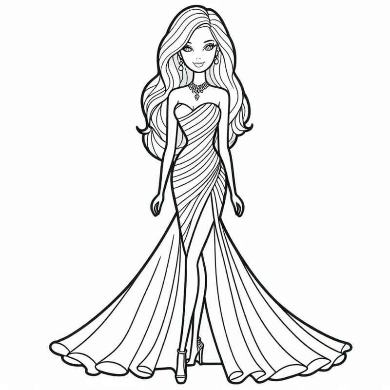 Desenho de Barbie com vestido de gala estiloso para colorir