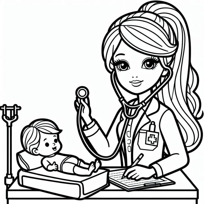 Desenho de Barbie Médica e Criança para Colorir