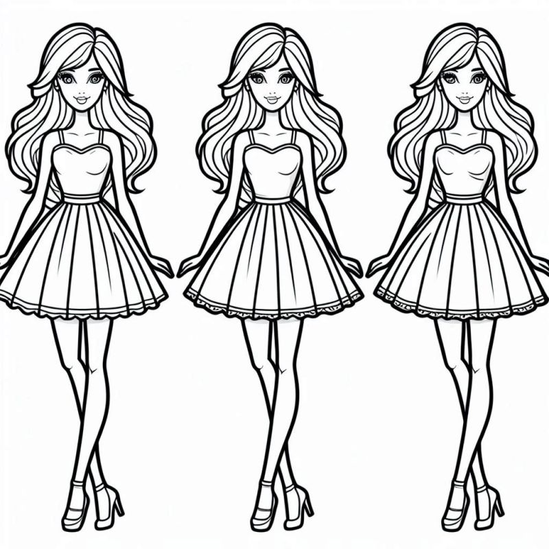 Desenho para colorir princesa Barbie elegante com vestido, sapatos de salto alto, jovem e sorridente