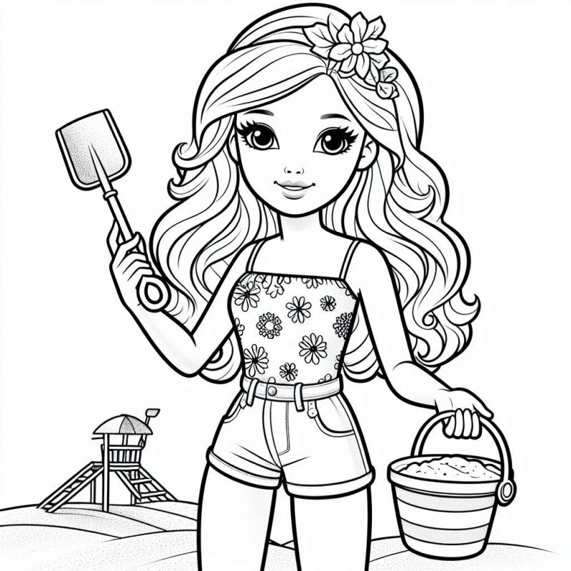 Desenho de Barbie na Praia para Colorir