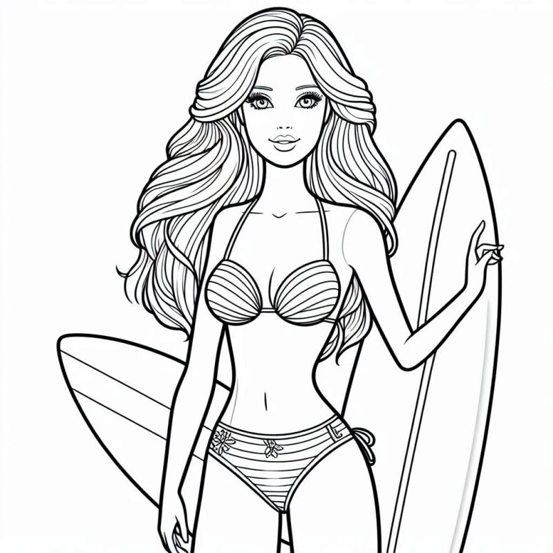 Desenho da Barbie de Biquíni na Praia com Prancha de Surfe