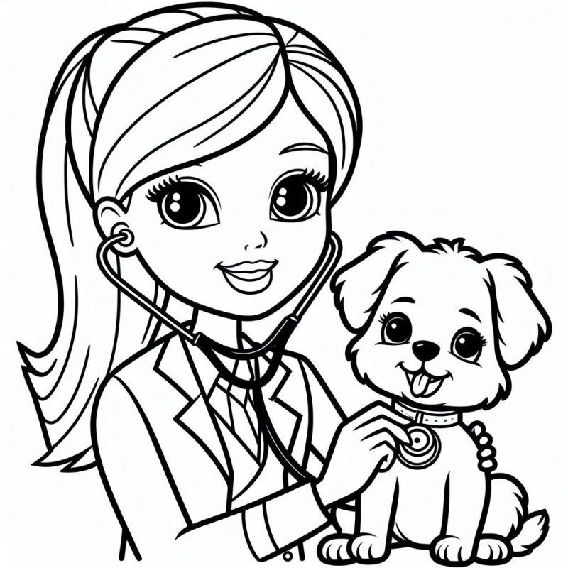 Colorir Barbie Veterinária com Cachorro Fofinho