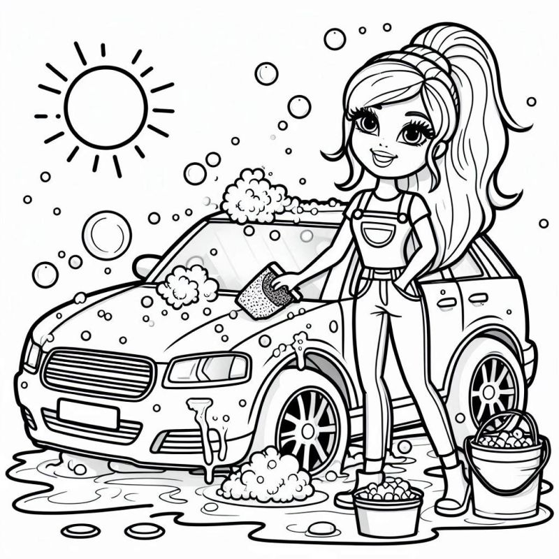 Desenho da Barbie Lavando Carro para Colorir