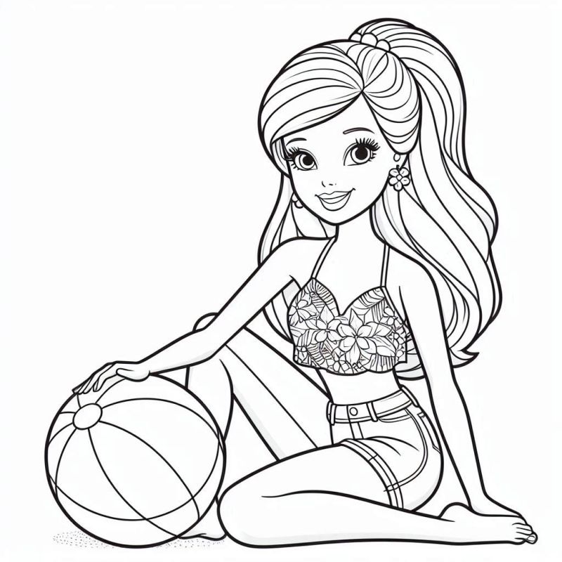 Desenho da Barbie Relaxada com Bola de Praia para Colorir