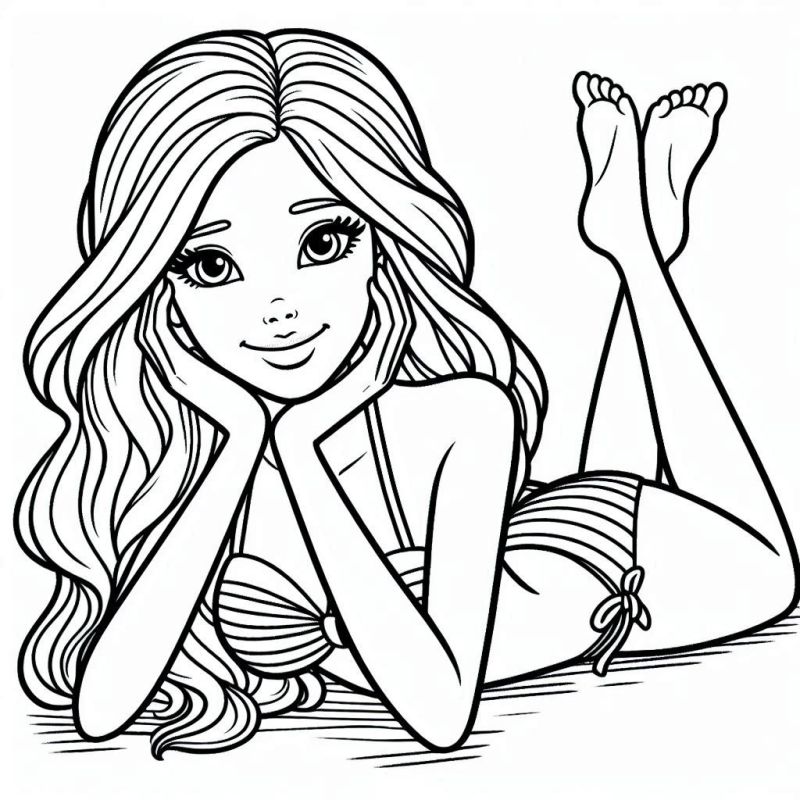 Desenho da Barbie deitada de bruços com biquíni para Colorir