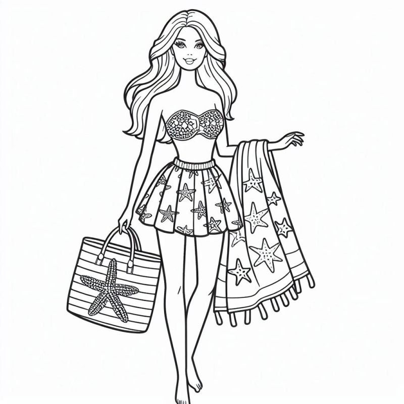 Desenho de uma personagem feminina inspirada na Barbie para colorir, com cabelos longos, roupa de verão e acessórios de praia.