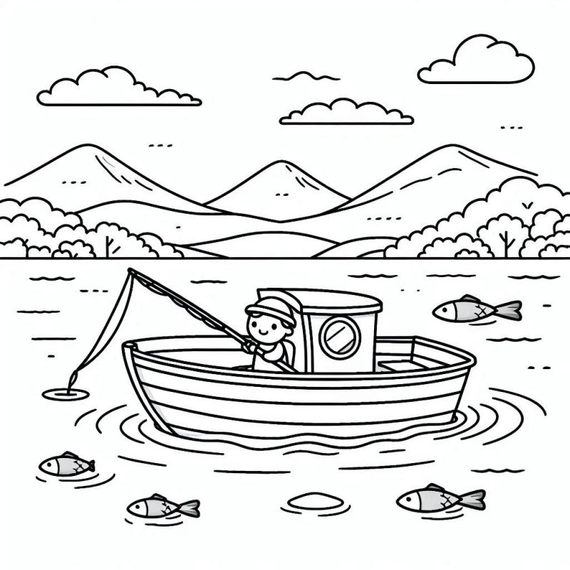 Desenho de um barco com pescador no lago cercado por montanhas e peixes para colorir