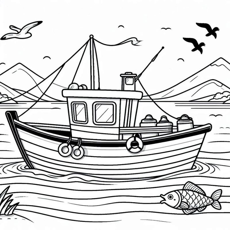 Desenho de Barco Pesqueiro Estilizado para Colorir