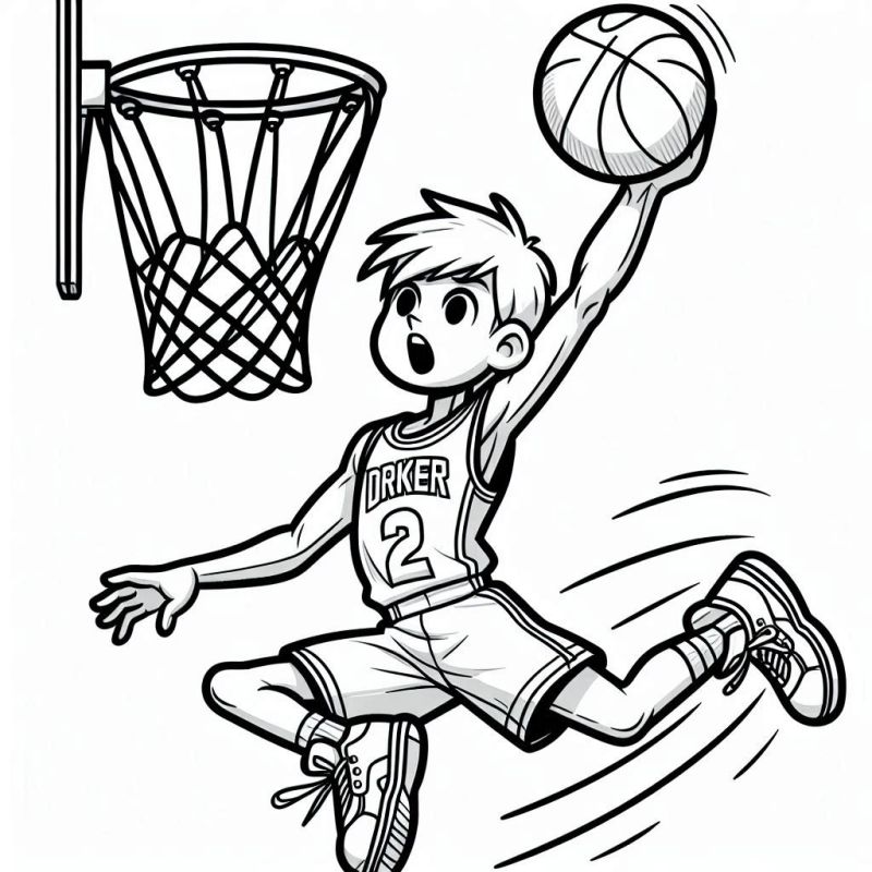 Desenho para Colorir de Jovem Jogador de Basquete fazendo Enterrada