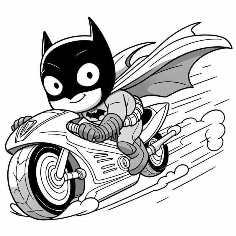 Desenho para colorir do Batman chibi pilotando uma motocicleta futurística.