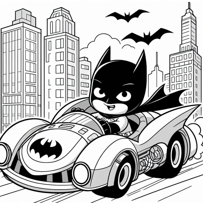 Desenho para colorir do Batman dirigindo o Batmóvel em uma cidade estilizada