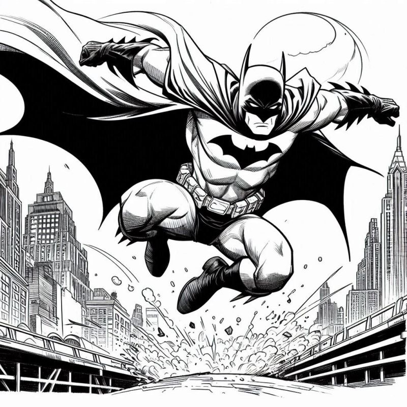 Desenho do Batman em salto dinâmico na cidade para colorir