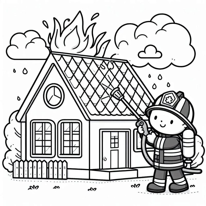 Desenho para colorir de bombeiro apagando incêndio em uma casa