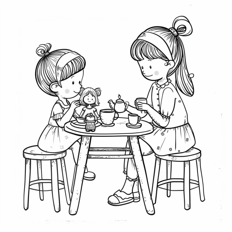 Duas meninas participando de um chá da tarde com uma boneca para colorir