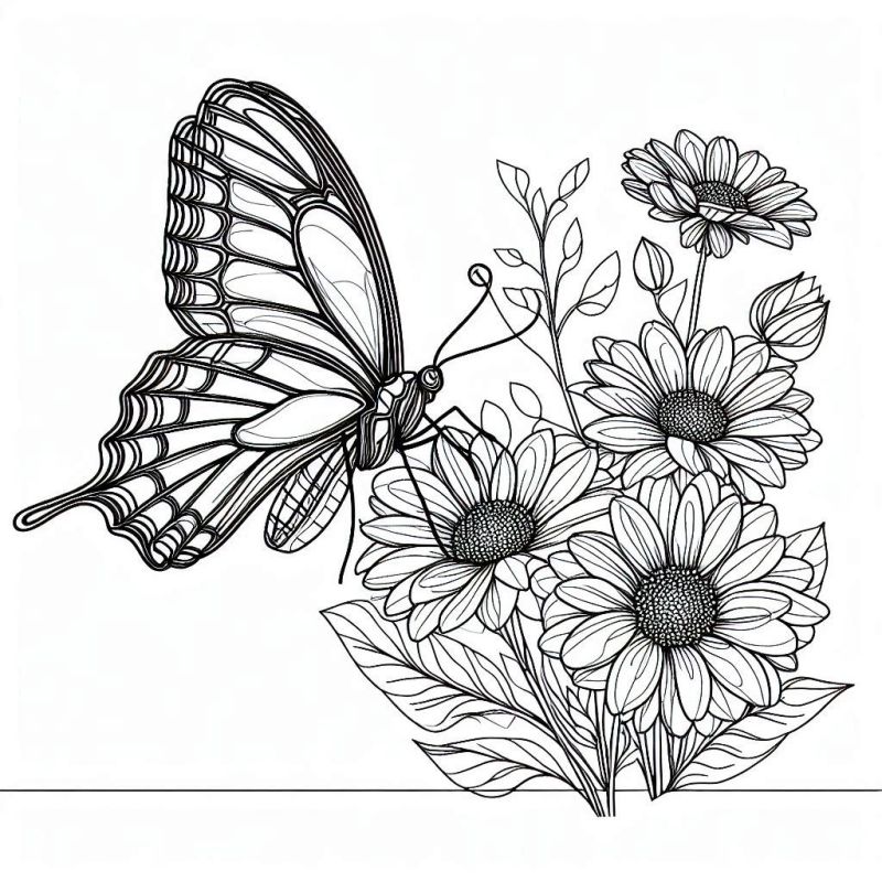 Desenho realista de borboleta detalhada com flores para colorir