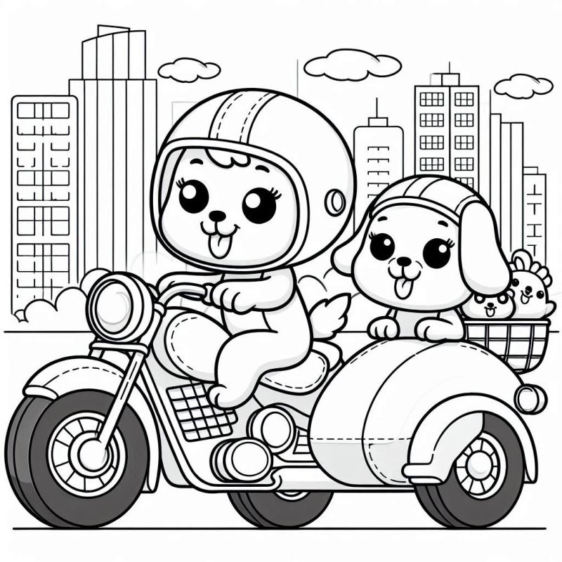 Cachorrinhos Divertidos na Motocicleta para Colorir