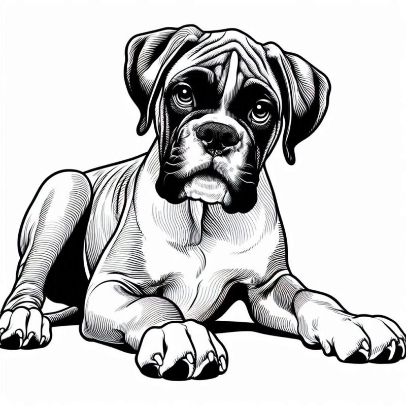 Desenho em preto e branco de um cachorro Boxer detalhado para colorir