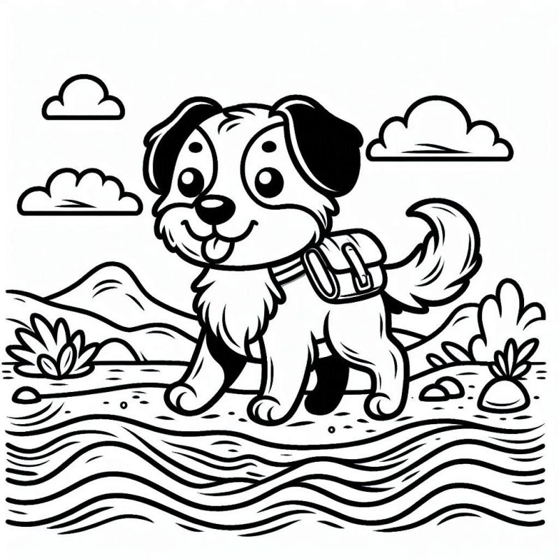 Desenho de Cachorro com Mochila e Cenário Natural para Colorir