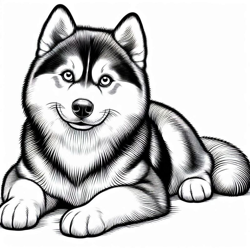 Desenho em preto e branco de um Husky Siberiano deitado, ideal para colorir