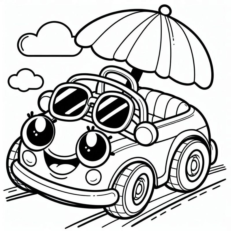 Desenho de Carro Fofinho com Óculos e Guarda-sol para Colorir